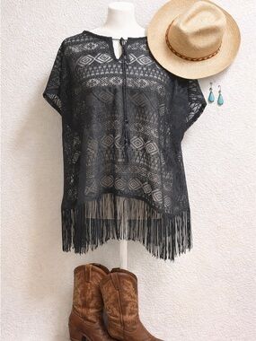 Black Lace Fringe Cover-Up Tunic